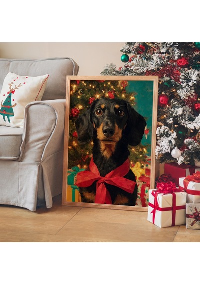Sevimli Köpek Noel Duvar Sanatı, Kırmızı Fiyonklu Şenlikli Tatil