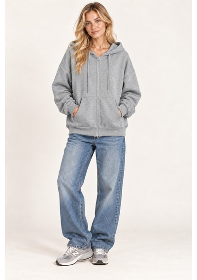 Cool Tarz Unisex Oversize Fermuarlı Kapüşonlu Sweatshirt 3 İplik Şardonlu Gri Gri