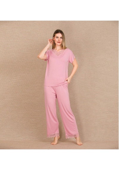 Bi Cool Viskon Şık Tasarım Dantel İşlemeli Pembe Kısa Kol Pijama Takımı Pembe