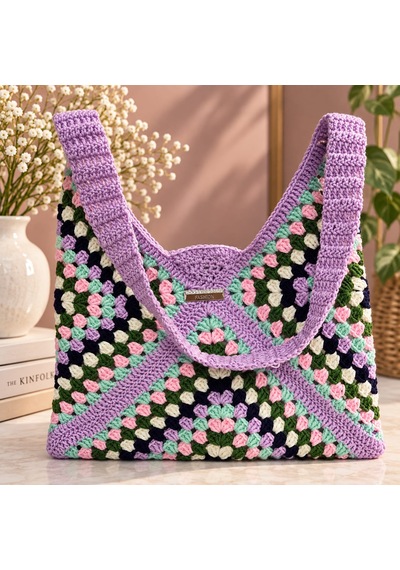 El Örgüsü Alize Cotton Kadın Omuz Çantası Krem.karışık Renkli Desenli