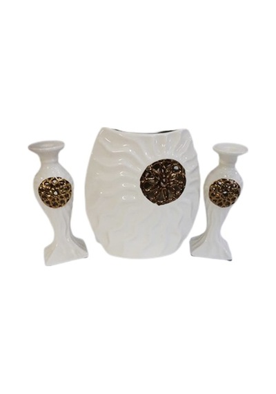 Vazo Porselen Ve Şamdan 3 Lü Set Beyaz-Beyaz-22X11Cm
