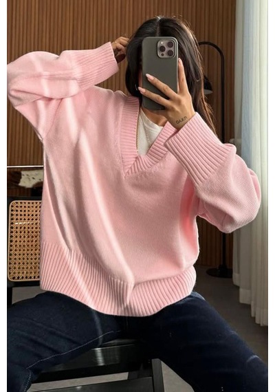 Madmext Pembe V Yaka Oversize Kadın Triko Kazak Mg2149 Pembe