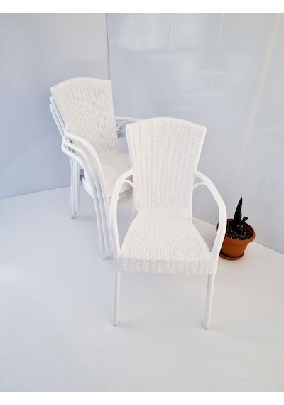 Beyaz 4 Adet Polipropilen Enjeksiyon Rattan Plastik Dış Mekan Bah Beyaz