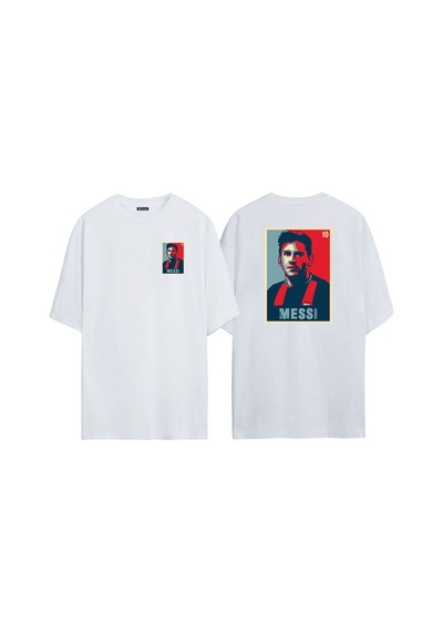 Thewert Unisex Messi Ön Arka Baskılı Beyaz Oversize T-shirt