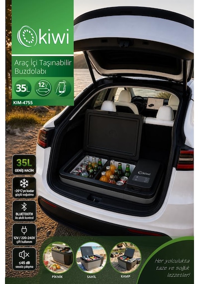 Kiwi Kım-4755 Tesla Uyumlu Araç İçi Taşınabilir Buzdolabı 35l & -20c & 12v/220v & Bluetooth