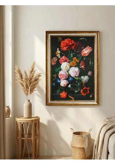 Vintage Klasik Gold Çerçeveli Dark Art Salon Tablosu 60x80 Cm Flemenk Barok Dark Floral Lüks Dekoratif Duvar Tablosu