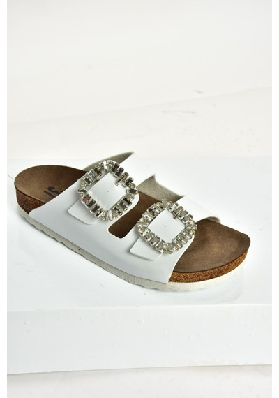 Fox Shoes Beyaz Çift Tokalı Taşlı Kadın Terlik K777604809 Beyaz-suni Deri Beyaz