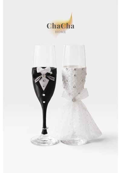 Chacha Home Lüks Düğün Temalı Gelin Damat Kadehi Beyaz - Gri - Siyah