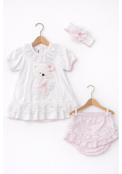 Kardeşler Bebe Dantelli Ayıcıklı Kız Bebek Elbise Takım Saç Bantlı 3 Lü Set Beyaz-pembe