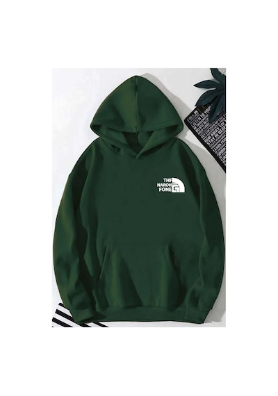 Herkesemoda Göğüs Baskı Yazı Detaylı İçi Polarlı Kapüşonlu Sweatshirt Yeşil