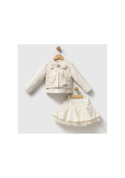 Ministok Ivory Elegance Kız Çocuk 3'lü Tüvit Takım Bluz, Ceket Ve Etek Ekru