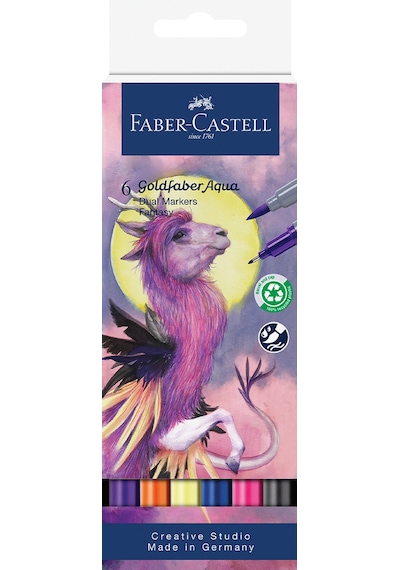Faber-Castell Goldfaber Aqua 6’lı Çift Uçlu Marker Seti,Fantasy Renkleri,Su Bazlı, Fırça ve Fineliner Uçlu