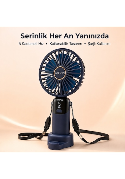 Şarjlı El Vantilatörü 5 Kademeli, Katlanabilir Dijital Ekranlı Mini El Fanı, 1200 Mah, 5 Pervaneli Güçlü Hava Akışı, Standlı Masaüstü Fan, Usb Şarjlı - Lacivert