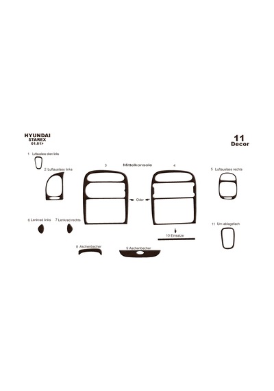 Hyundai Starex Torpido Kaplama 2001-2007 11 Parça Koyu Meşe