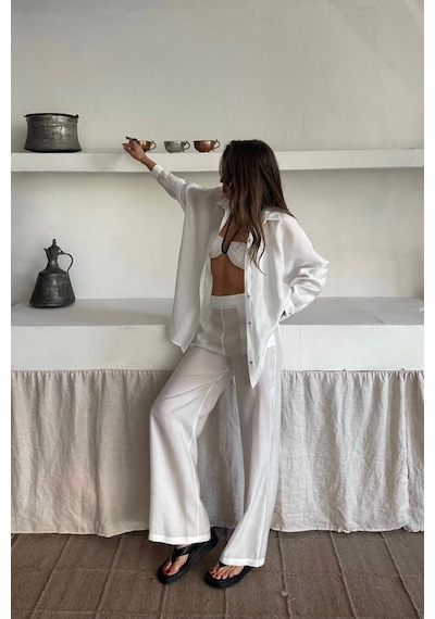 Defymoda Gömlek - Pantolon Takım - Beyaz Beyaz