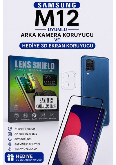 Samsung M12 Uyumlu Arka Kamera Koruyucu+ Full Ekran Koruyucu Seti Şeffaf