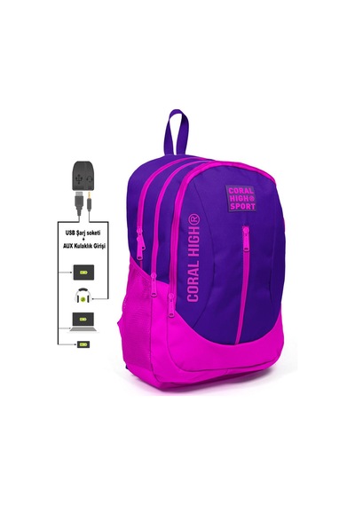 Coral High Sport Mor Dört Bölmeli Usb Şarjlı Kulaklık Çıkışlı Sırt Çantası