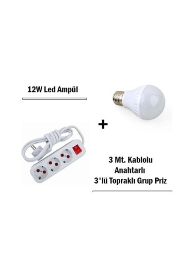 12w Led Ampul + 3 Metre Uzatmalı Anahtarlı 3lü Priz Set