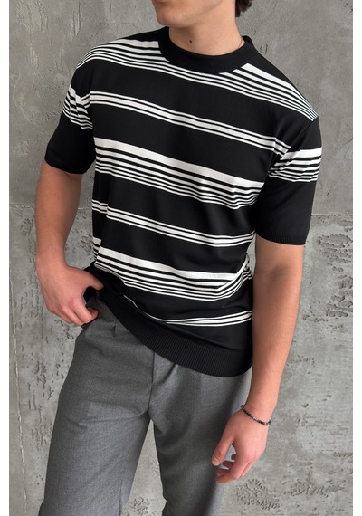 Erkek Bisiklet Yaka Oversize Çizgili Triko T-shirt Siyah