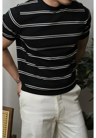 Tarz Cool Erkek Çizgi Detaylı Slim Fit Bisiklet Yaka Triko T-shirt Siyah