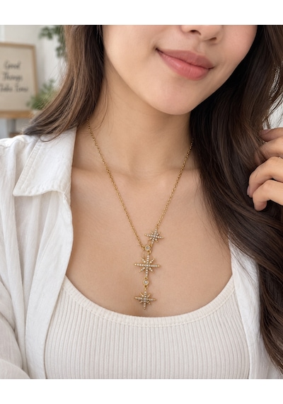 Işıltılı Üçlü Yıldız Taşlı Kadın Kolye Gold 316l Paslanmaz Çelik 40+5 Cm Renkli