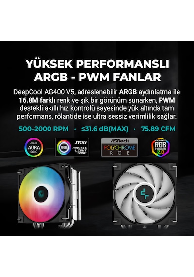 Deepcool Ag400 V5 Argb Black İşlemci Soğutucu, Amd Ve Intel Uyumlu, 120mm Kule Tipi Hava Soğutma, 12 Cm Hava Soğutucu, Tdp 220w, Siyah Siyah - Argb
