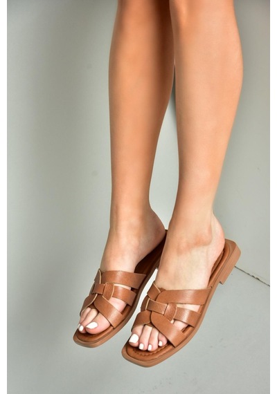 Fox Shoes S291045603 Taba Hakiki Deri Kadın Terlik Taba
