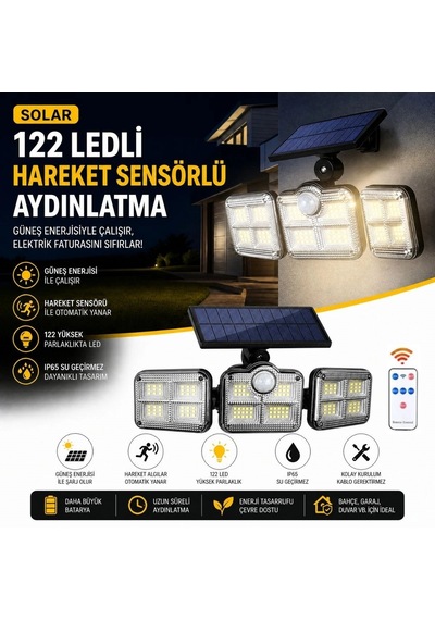 3&apos Lü 122 Ledli Güneş Enerjili Hareket Sensörlü Aydınlatma, Dış Mekan Duvar Ve Bahçe Lambası Solar Led 5580