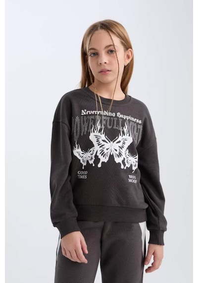 Defacto Oversize Geniş Kalıp Bisiklet Yaka Baskılı Sweatshirt Kız Çocuk D4386A824WN Antrasit
