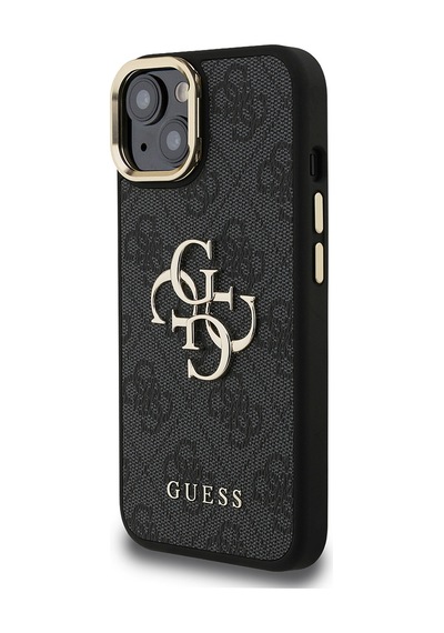 Apple Uyumlu iPhone 15 Kılıf Guess Lisanslı Metal 4g Ve Yazı Logolu Kamera Standlı Kapak Siyah
