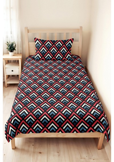 Geometrik Siyah Genç Odası Tek Kişilik Pike Takımı - Modern Lacivert Kırmızı 160x220 Cm Yatak Örtüsü Dokulu İz Perdesi