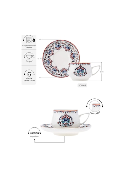 Karaca  Nakkaş 6 Kişilik Kahve Fincanı Takımı 100 ml