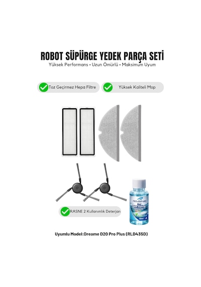 Dreame D20 Pro Plus Rld43sd İle Uyumlu 2 Yan Fırça 2 Filtre 2 Mop 1 Deterjan 1.0