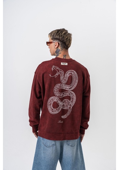 Respire Erkek Snake Nakışlı Yıkamalı Bisiklet Yaka Oversize Sweatshirt Bordo