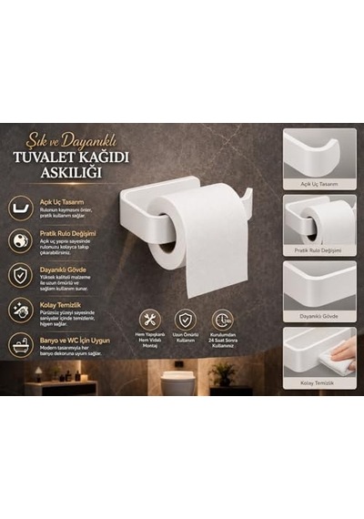 Beyaz Lamalı Tuvalet Kağıtlığı, Wc Kağıt Askılığı, Hem Yapışkanlı Hem Vidalı Montajlı, Açık Uç Tasarımlı Banyo Tuvalet Kağıdı Tutucu 000 Açık Krem