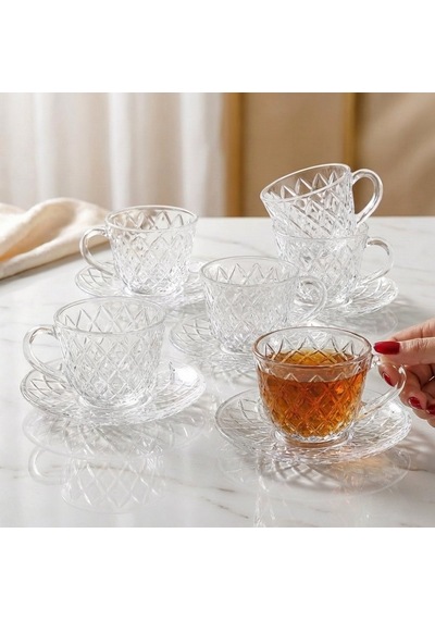 Kristal Kesme Desen 6 Kişilik Tabaklı Lüks Cam Çay Fincan Takımı Şeffaf