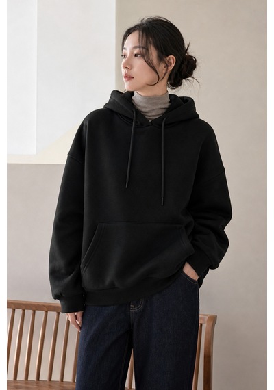 Cool Tarz Kadın Oversize Hoodie Sweatshirt Kapüşonlu Kanguru Cepli Siyah Siyah