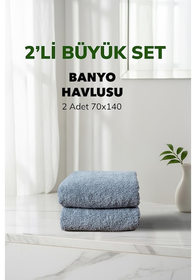 2 Li Kareli Mavi Renk Yumuşak Pamuk Banyo Havlu Seti 70x140 Cm