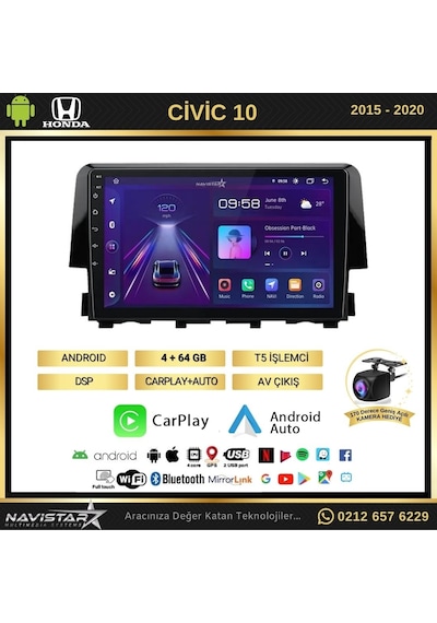 Honda Civic Kablosuz Carplay 4gb + 64gb Android 13 2015-2020 Nav