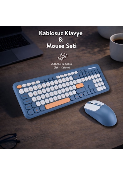 Soft Touch Kablosuz Klavye Mouse Set Lacivert + Beyaz Smk-687 Diğer