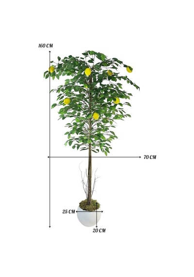 Yapay Limon Ağacı 160cm 10 Limonlu Doğal Görünümlü Beyaz Küre Plastik Saksılı Yapay Ağaç Sarı