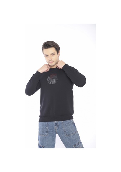 Escetic Erkek Spor Slimfit, Bisiklet Yaka Siyah Sweatshirt-4264 Siyah