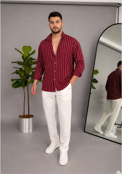 Erkek İki Çizgili Regular Relaxed Fit Uzun Kollu Gömlek Bordo
