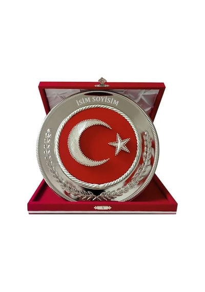 Ayyıldız Türk Bayraklı Filografi İşlemeli Metal Tabak Plaket Kadife Kutulu Gumus Genel