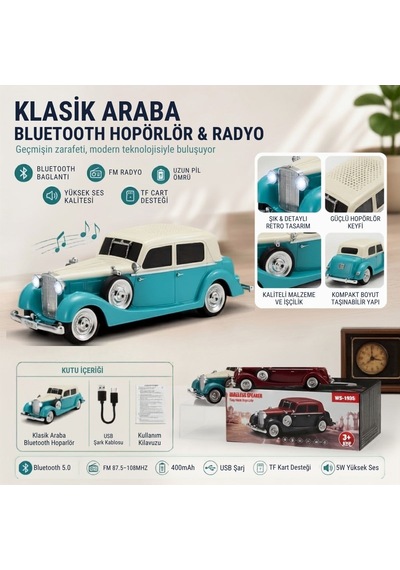Buffer Retro Klasik Araba Bluetooth Hoparlör, Işıklı Nostaljik Radyo, Yuvarlak Far Detaylı Kablosuz Müzik Çalar