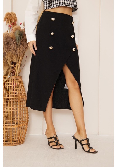 Darlin Moda Siyah Büyük Düğmeli Önden Yırtmaçlı Tweed Etek Dm2030 Siyah