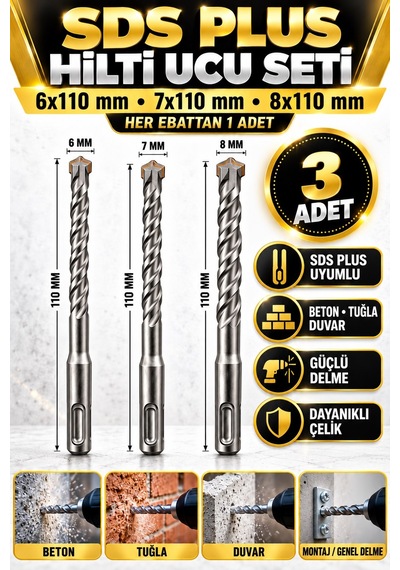 Sds Plus Beton Matkap Ucu Seti 3 Adet 6x110 7x110 8x110 Mm Hilti Ucu Tuğla Duvar Delme