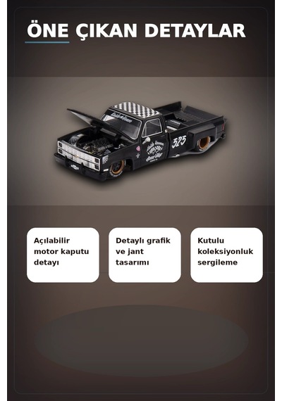 Hot Rod Tasarımlı 1/64 Chevrolet Silverado Dually Diecast Model Araba - Tekli Kutu Bx-313351
