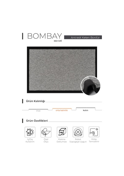 Bombay 663 Gri Hav Toz Vermez Kolay Temizlenen Hasır Doku Sisal Halı Gri