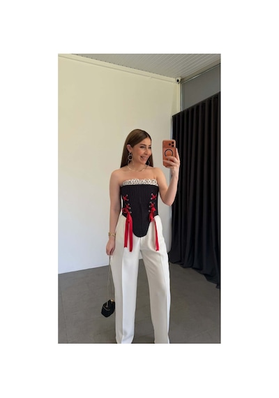 Elif Teke Balenli Kırmızı Kurdelalı Korse Bluz Lacivert Standart